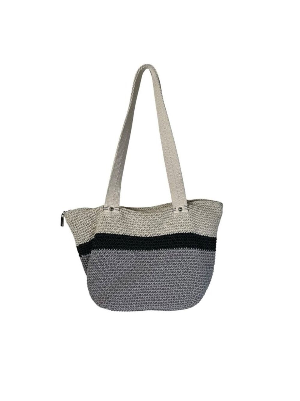 The Sak Tote Small Beige Gray Mendocino Crochet Double Strap Zip Top Vegan